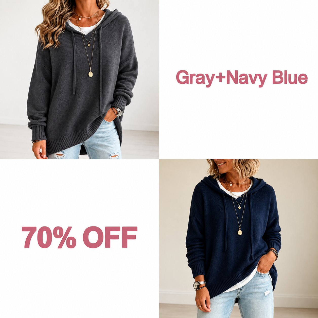 📢📢 50% OFF!!  Wearbella – Oversized Drawstring Hooded Knit Sweater - Gray + Navy Blue bundle