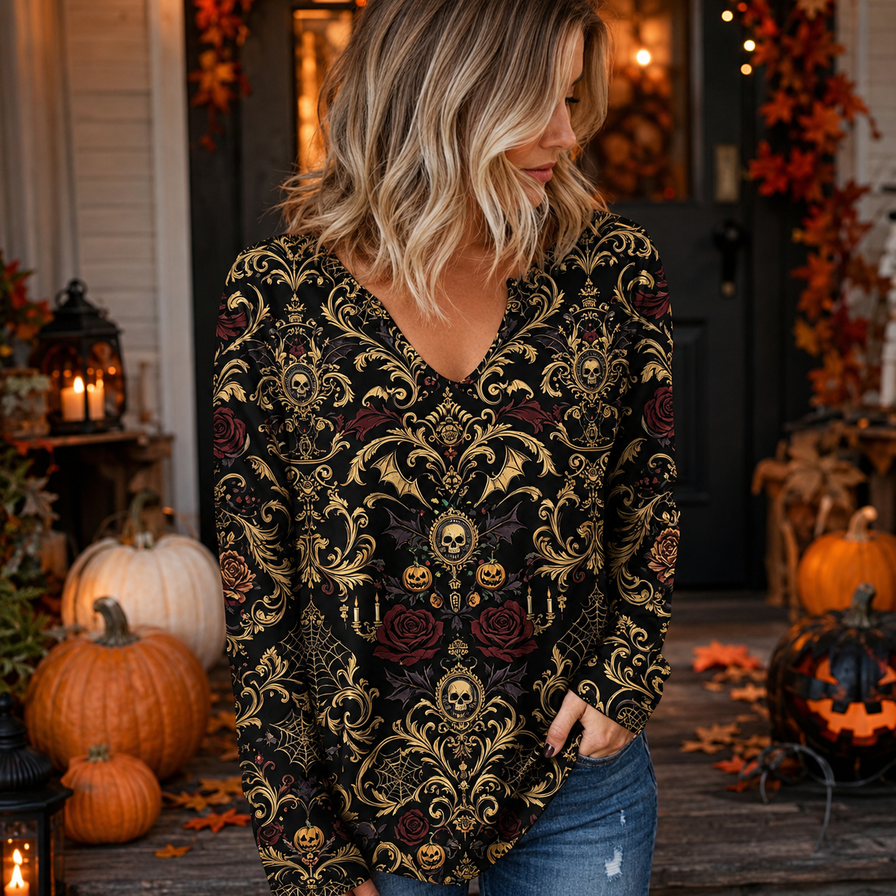 🎃 Spooky Sweet Halloween V-Neck Top – Festive Long Sleeve Style for Fall 👻🍬