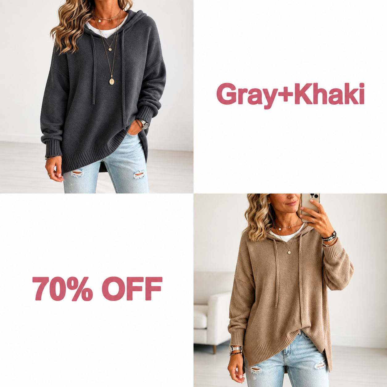 📢📢 50% OFF!!  Wearbella – Oversized Drawstring Hooded Knit Sweater - Gray + Khaki bundle