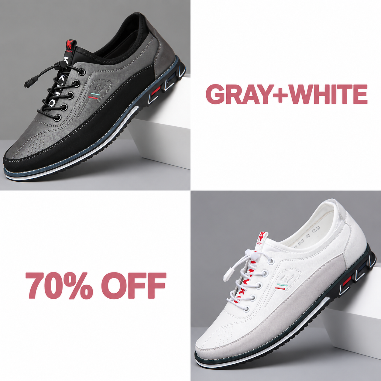 Men's Fashion Calfskin Leather Shoes - GRAY + WHITE bundle