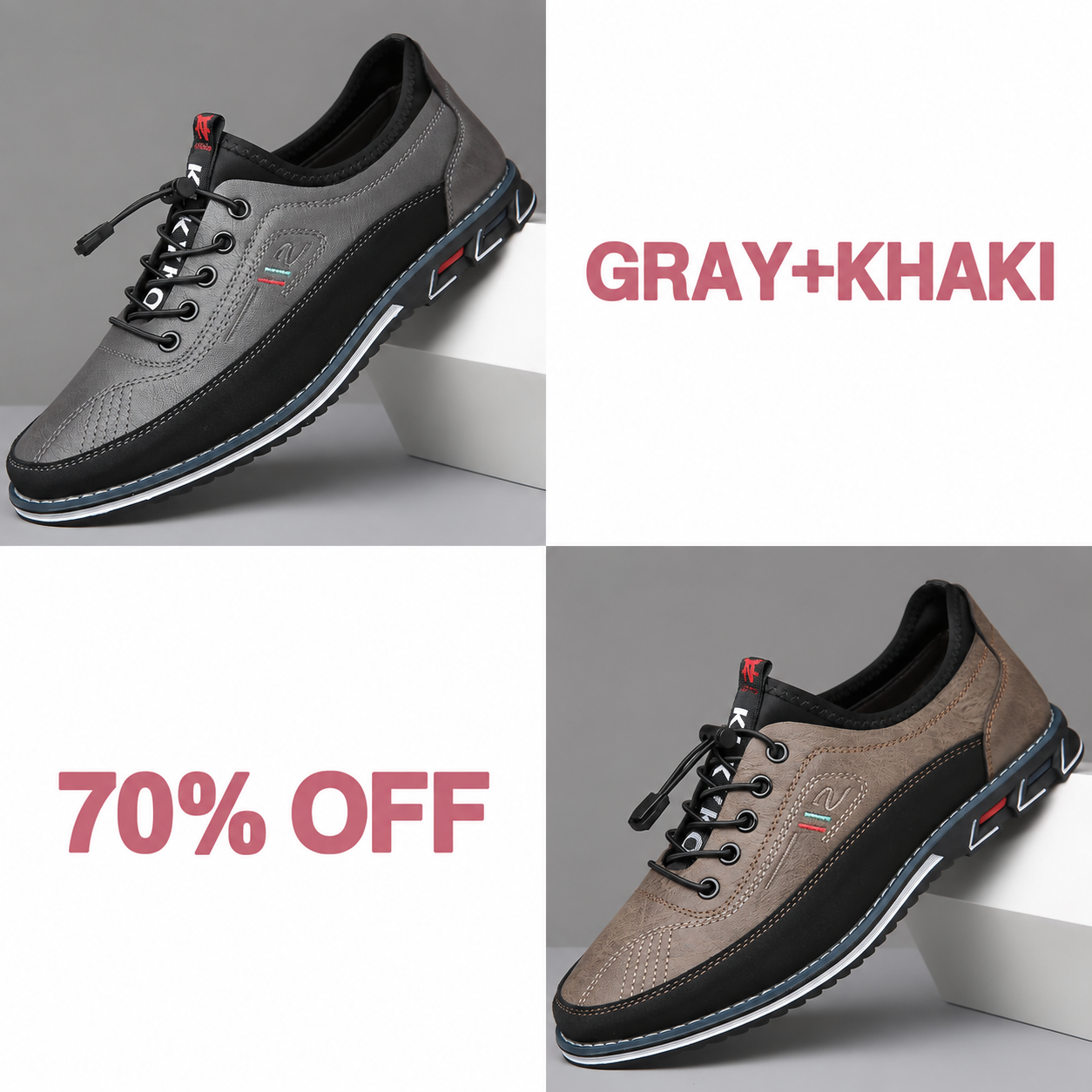 Men's Fashion Calfskin Leather Shoes - GRAY + KHAKI bundle