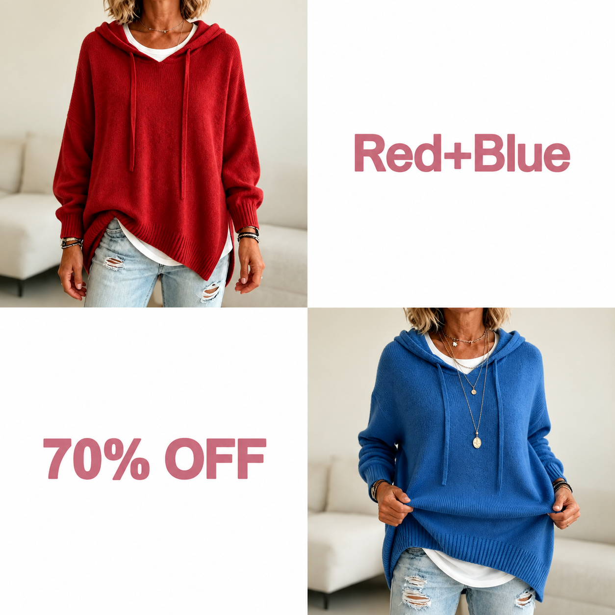 📢📢 50% OFF!!  Wearbella – Oversized Drawstring Hooded Knit Sweater - Red + Blue bundle