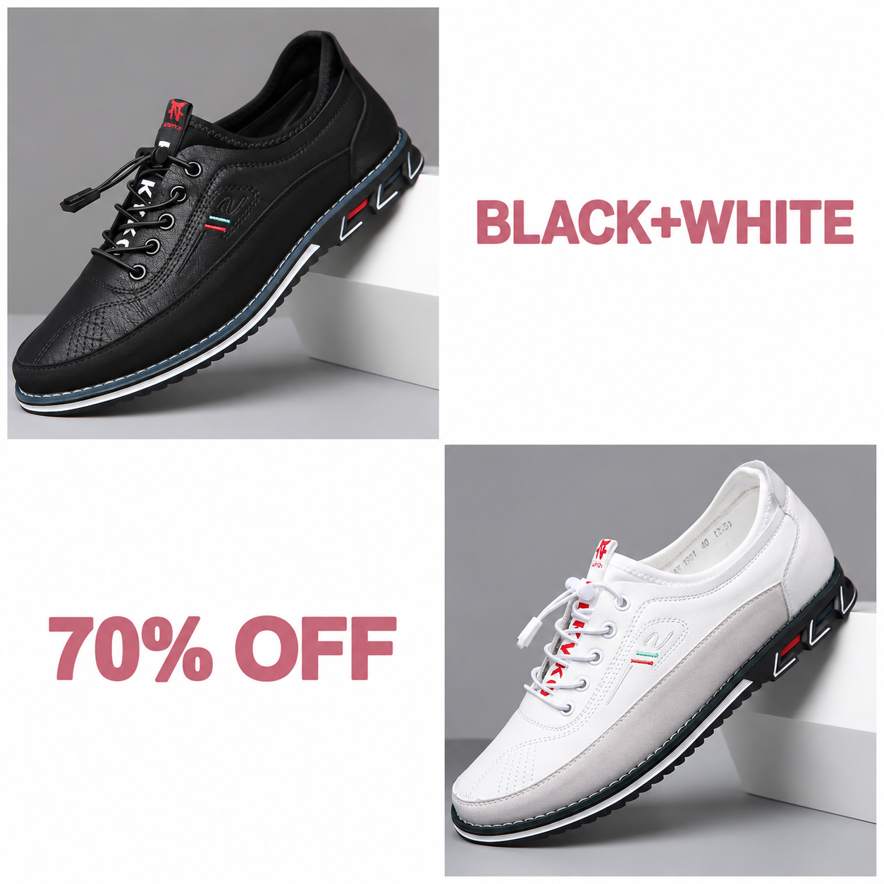 Men's Fashion Calfskin Leather Shoes - BLACK + WHITE bundle