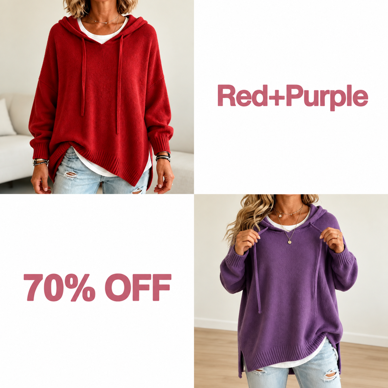 📢📢 50% OFF!!  Wearbella – Oversized Drawstring Hooded Knit Sweater - Red + Purple bundle