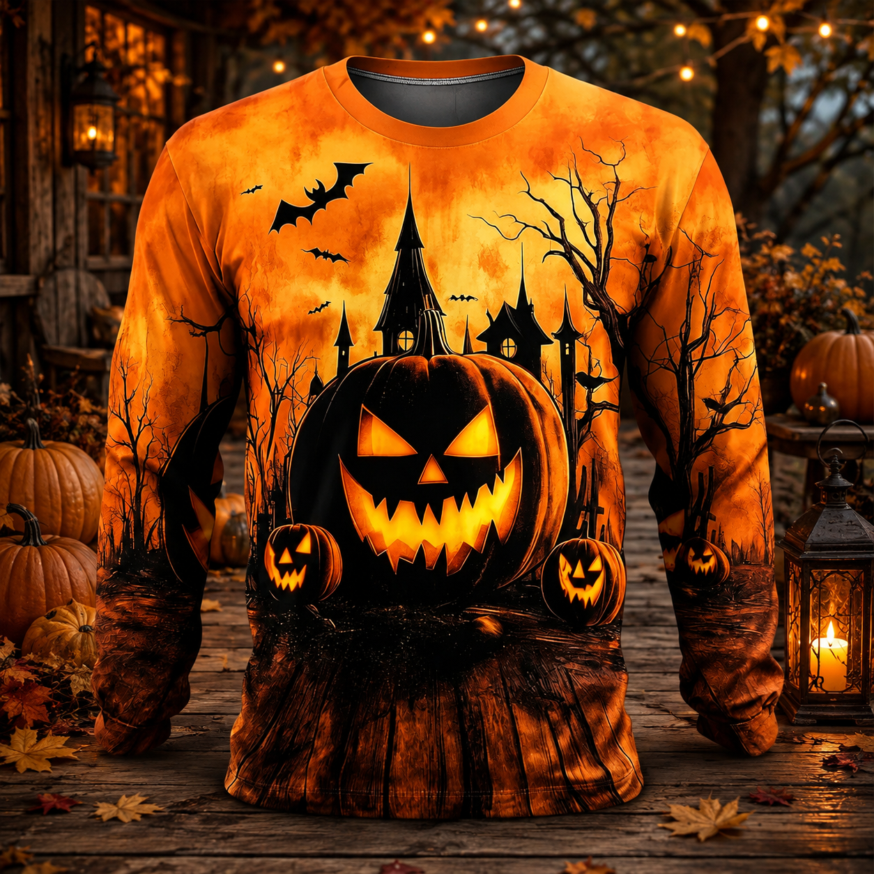 🎃 Men’s Halloween Horror Graphic Long Sleeve Shirt – Spooky Pumpkin & Monster Print 👻