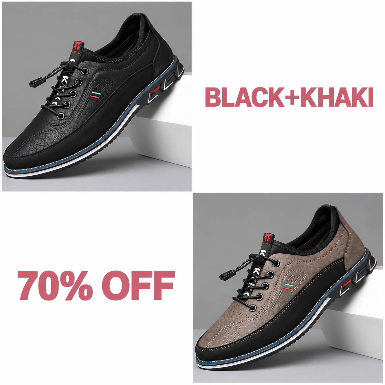 Men's Fashion Calfskin Leather Shoes - BLACK + KHAKI bundle