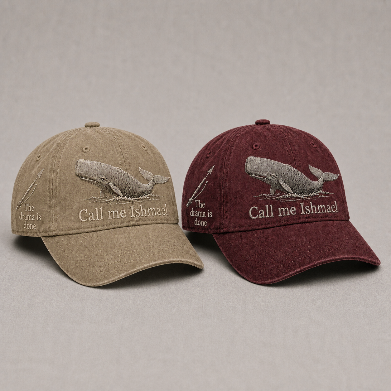⚓🐋 Call Me Ishmael MOBY-DICK Embroidered Vintage Cap - Khaki + red bundle