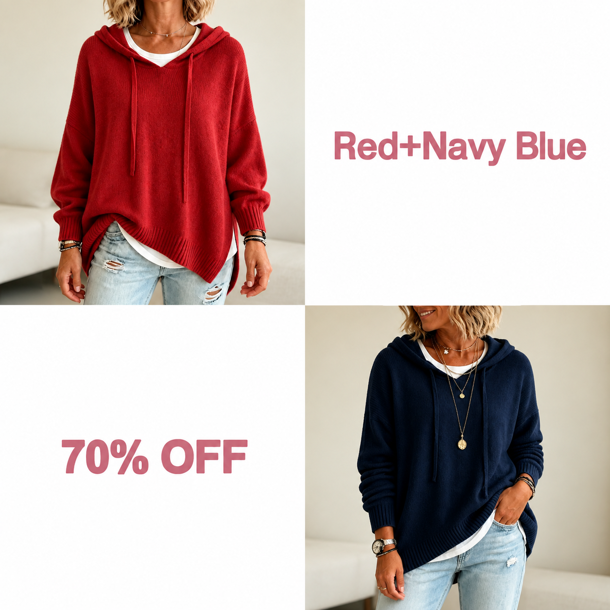 📢📢 50% OFF!!  Wearbella – Oversized Drawstring Hooded Knit Sweater - Red + Navy Blue bundle