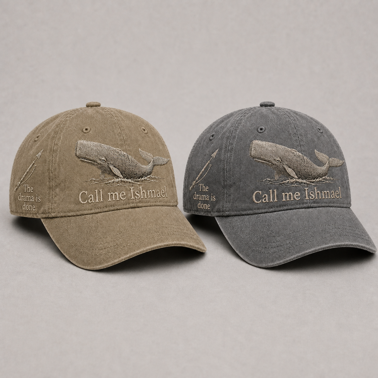 ⚓🐋 Call Me Ishmael MOBY-DICK Embroidered Vintage Cap - Khaki + grey bundle
