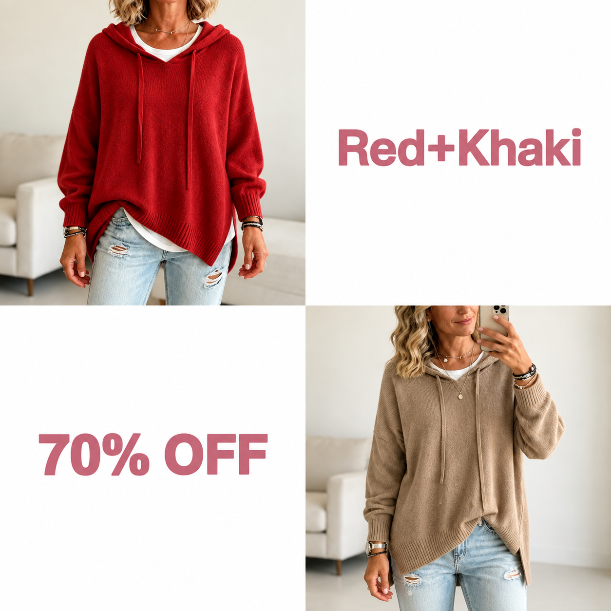 📢📢 50% OFF!!  Wearbella – Oversized Drawstring Hooded Knit Sweater - Red + Khaki bundle