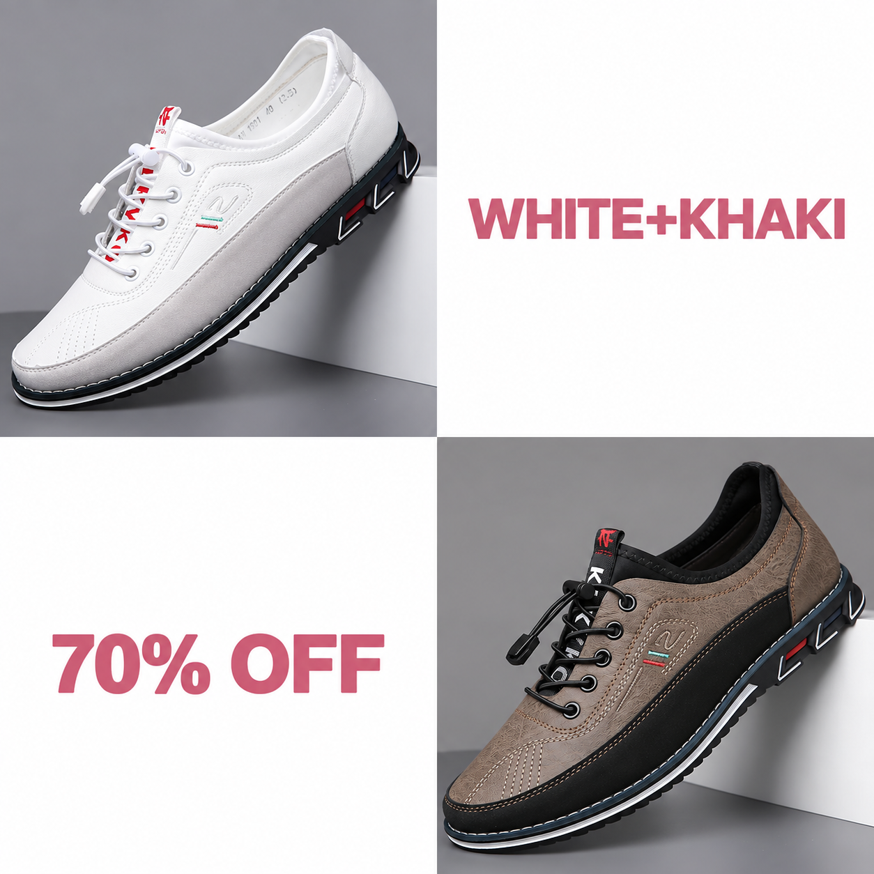 Men's Fashion Calfskin Leather Shoes - WHITE + KHAKI bundle