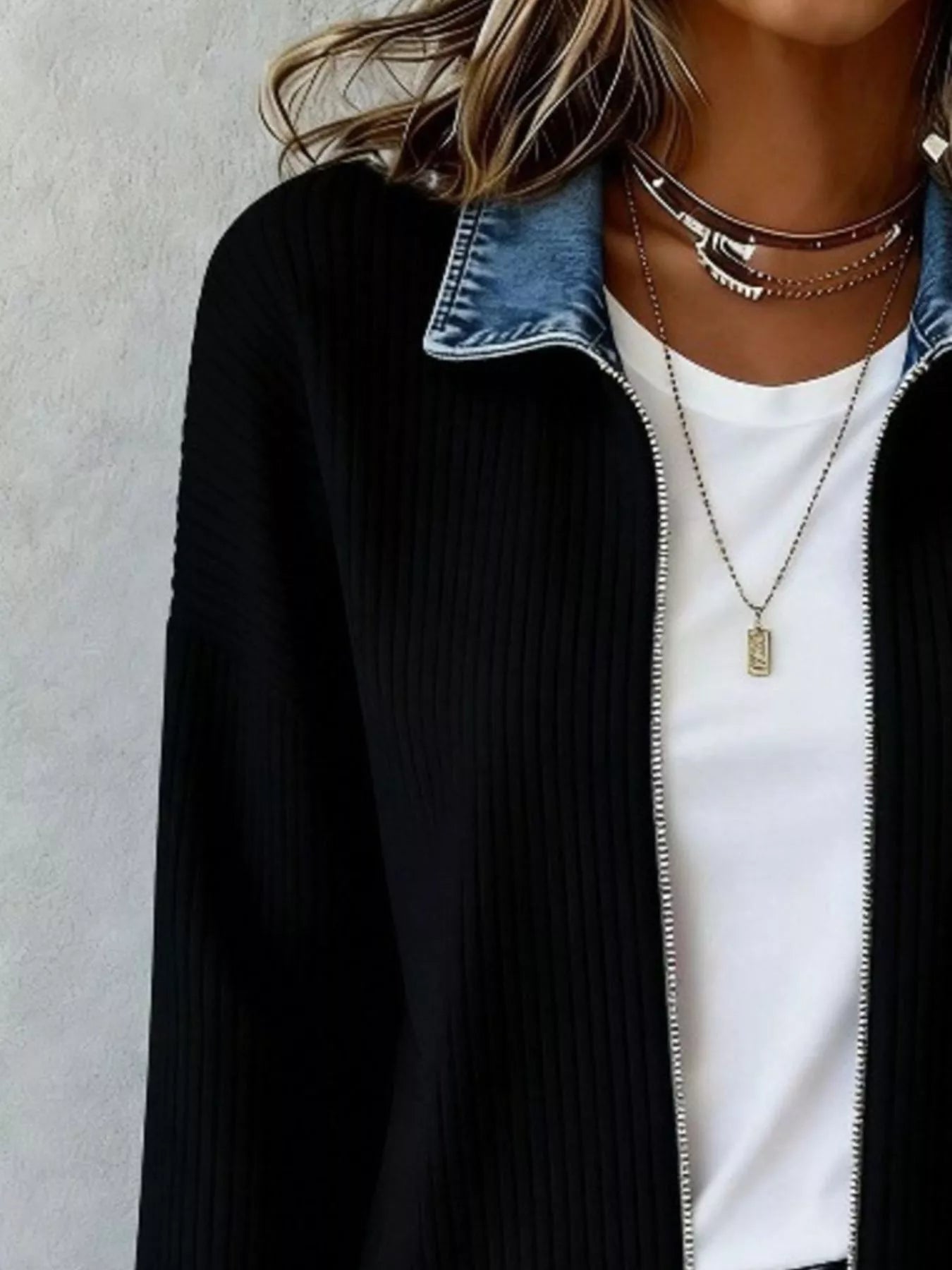 🎁New Arrivals 🔥Contrast Denim Collar Ribbed Knit Jacket