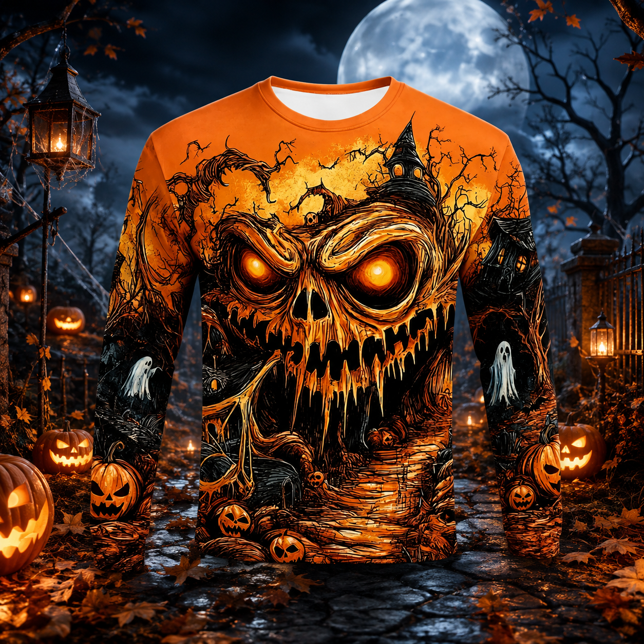 🎃 Men’s Halloween Horror Graphic Long Sleeve Shirt – Spooky Pumpkin & Monster Print 👻