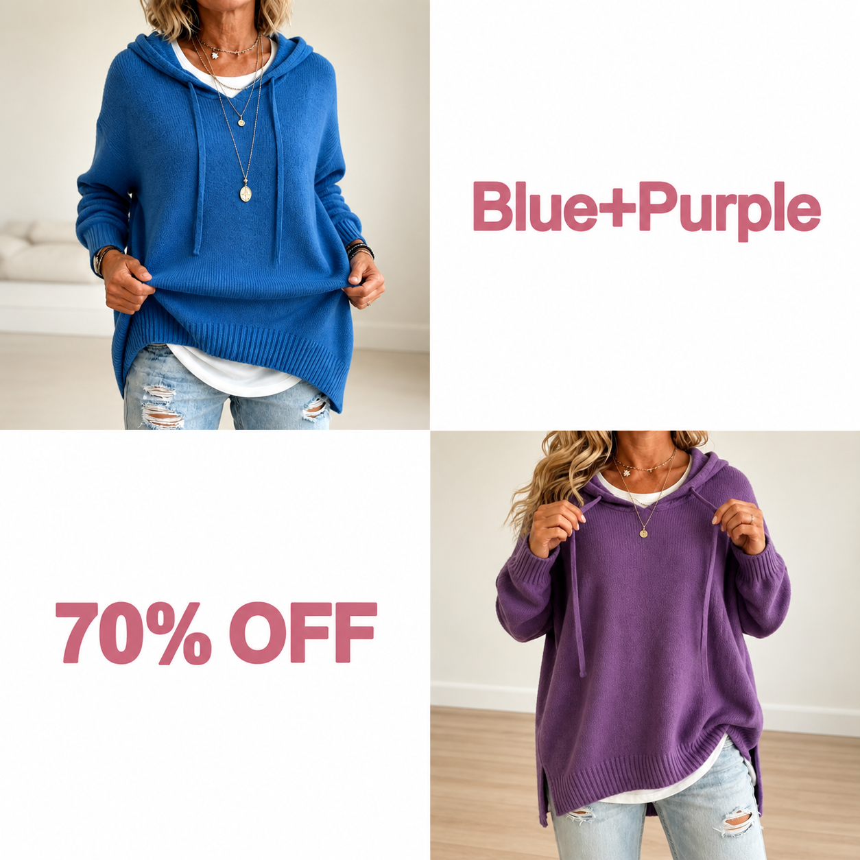 📢📢 50% OFF!!  Wearbella – Oversized Drawstring Hooded Knit Sweater - Blue + Purple bundle