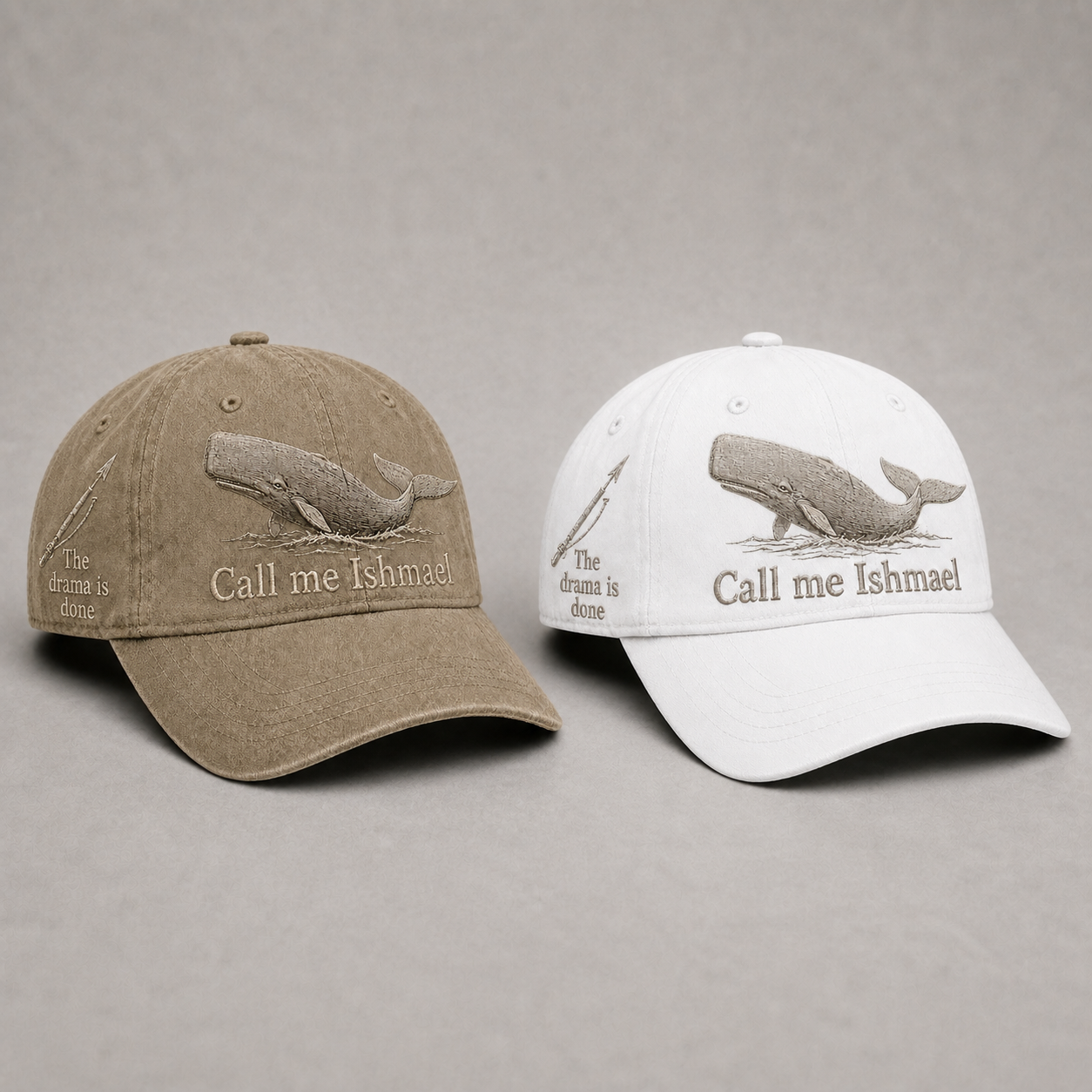 ⚓🐋 Call Me Ishmael MOBY-DICK Embroidered Vintage Cap - Khaki + White bundle