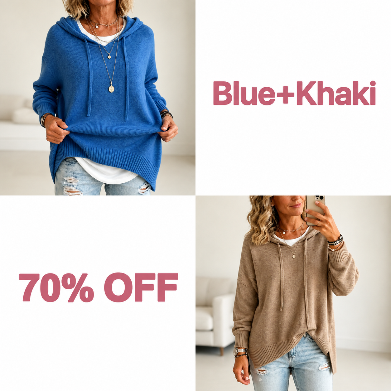 📢📢 50% OFF!!  Wearbella – Oversized Drawstring Hooded Knit Sweater - Blue + Khaki bundle