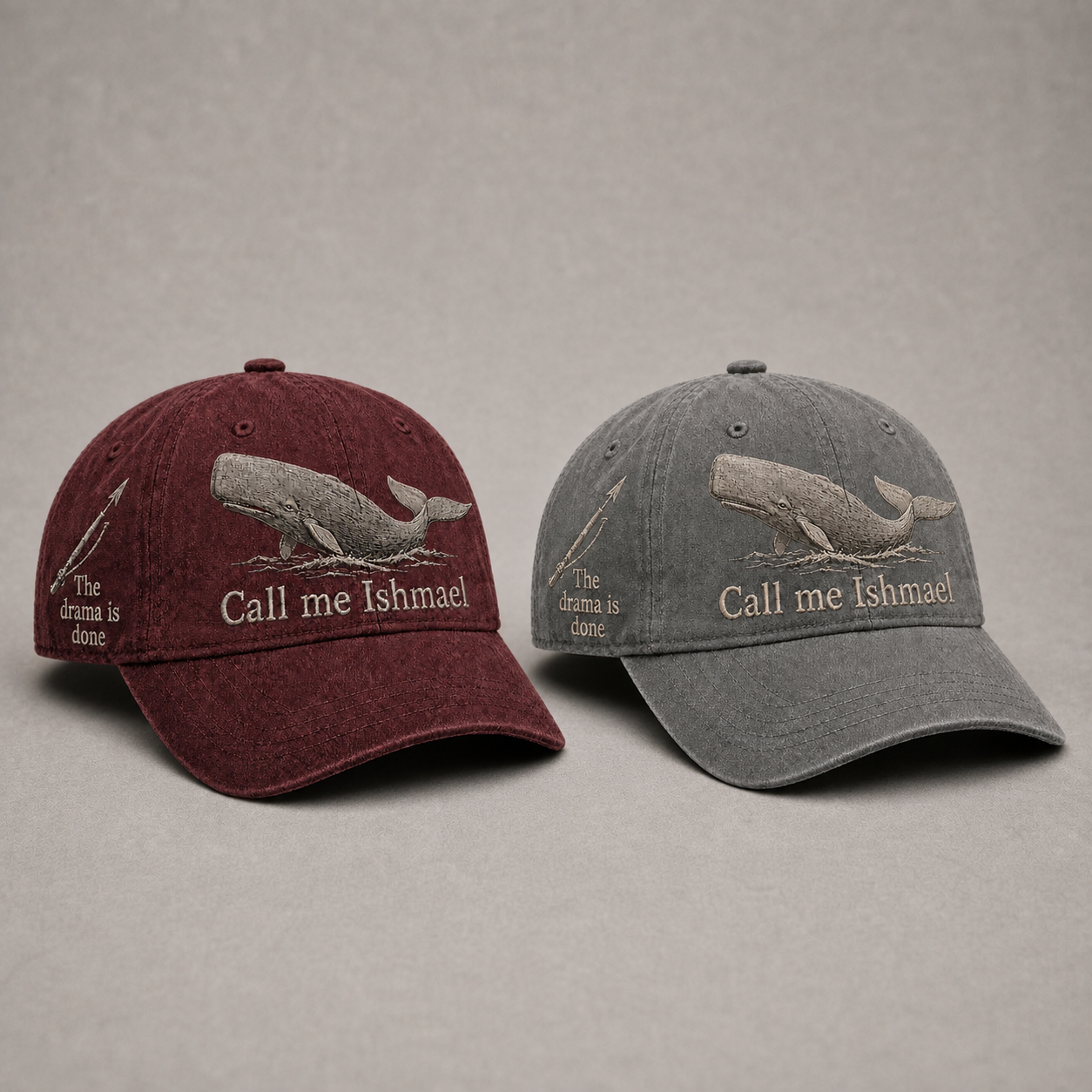 ⚓🐋 Call Me Ishmael MOBY-DICK Embroidered Vintage Cap - red + grey bundle
