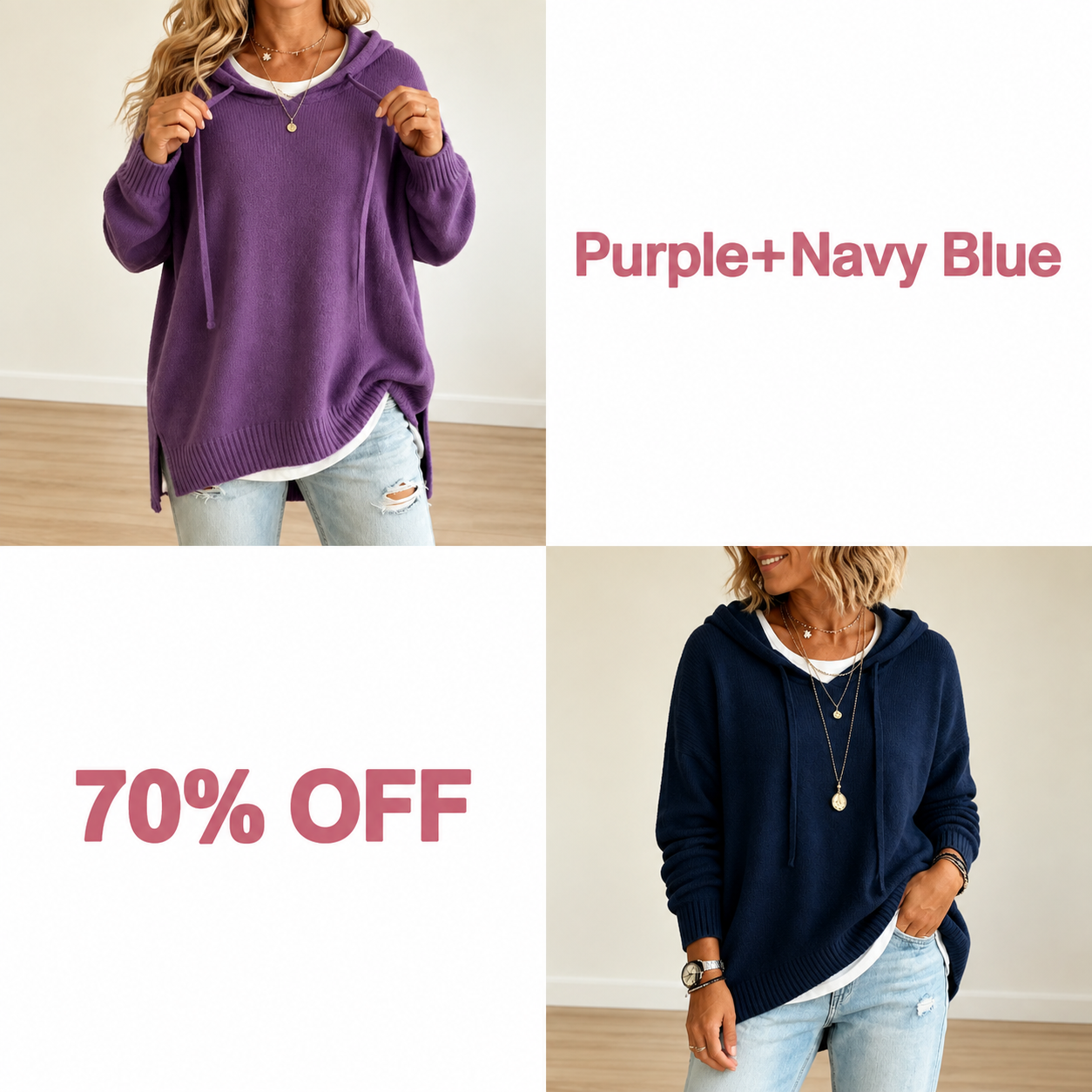 📢📢 50% OFF!!  Wearbella – Oversized Drawstring Hooded Knit Sweater - Purple + Navy Blue bundle