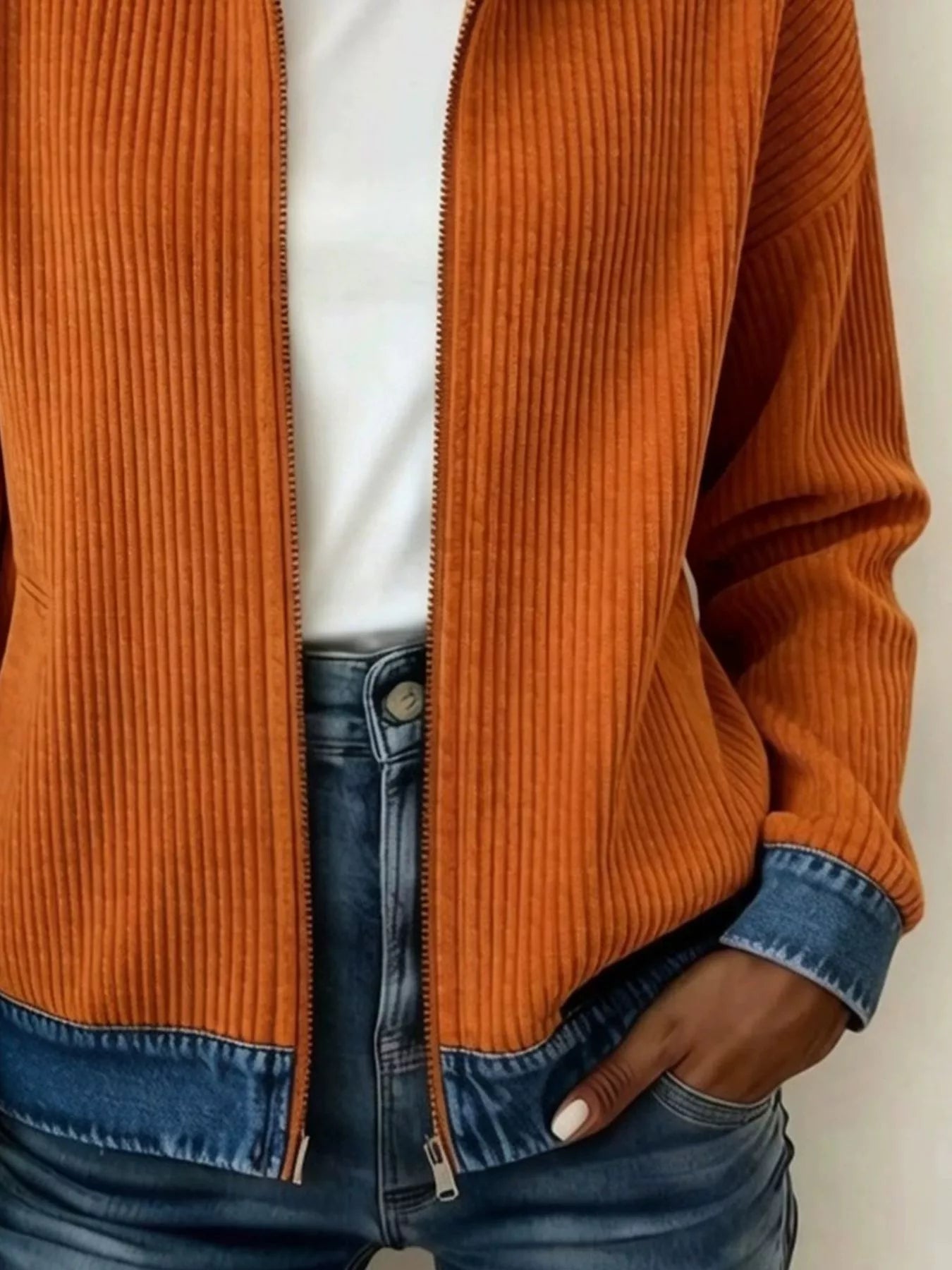 🎁New Arrivals 🔥Contrast Denim Collar Ribbed Knit Jacket