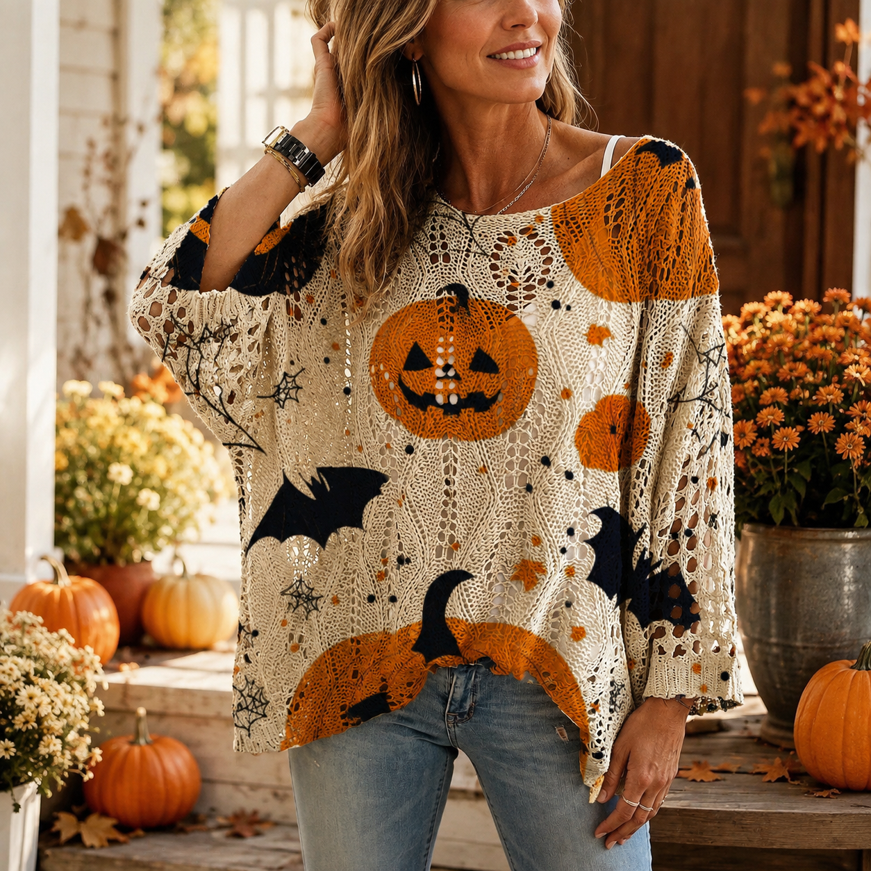 Damen Halloween Häkelpullover 🎃 – Lockerer Herbstpullover mit Kürbis- & Fledermausmotiv