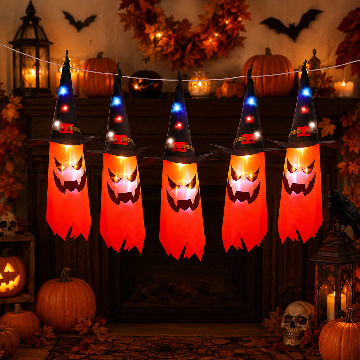 🎃 Halloween Light-Up Ghost Garland & Spooky Ornaments 👻✨ Cozy Indoor & Outdoor Decor