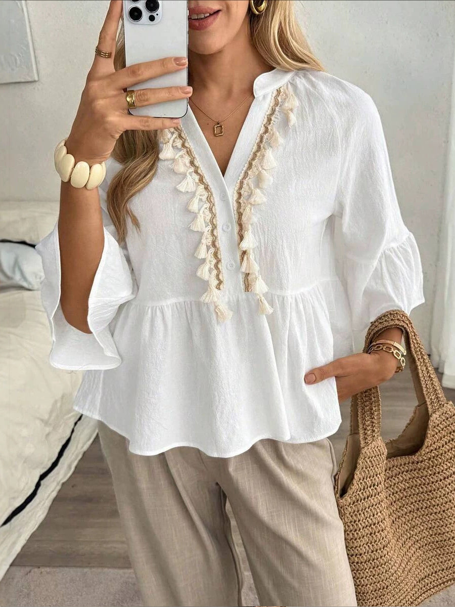🌺🌺🌺Women's V-neck Button Tassel Tie Top