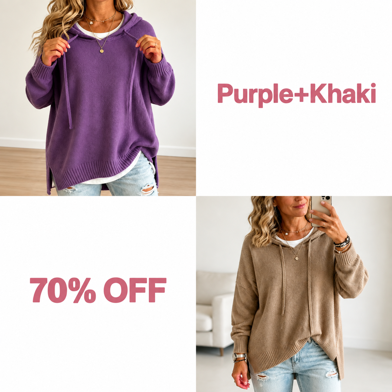 📢📢 50% OFF!!  Wearbella – Oversized Drawstring Hooded Knit Sweater - Purple + Khaki bundle