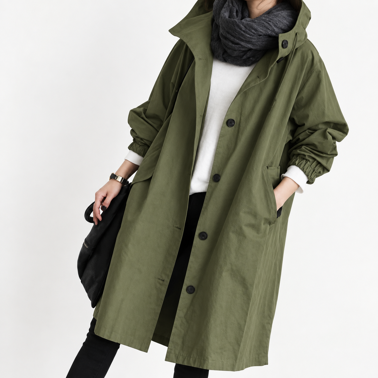 Women's Hooded Button-Waist Trench Coat - Army Green