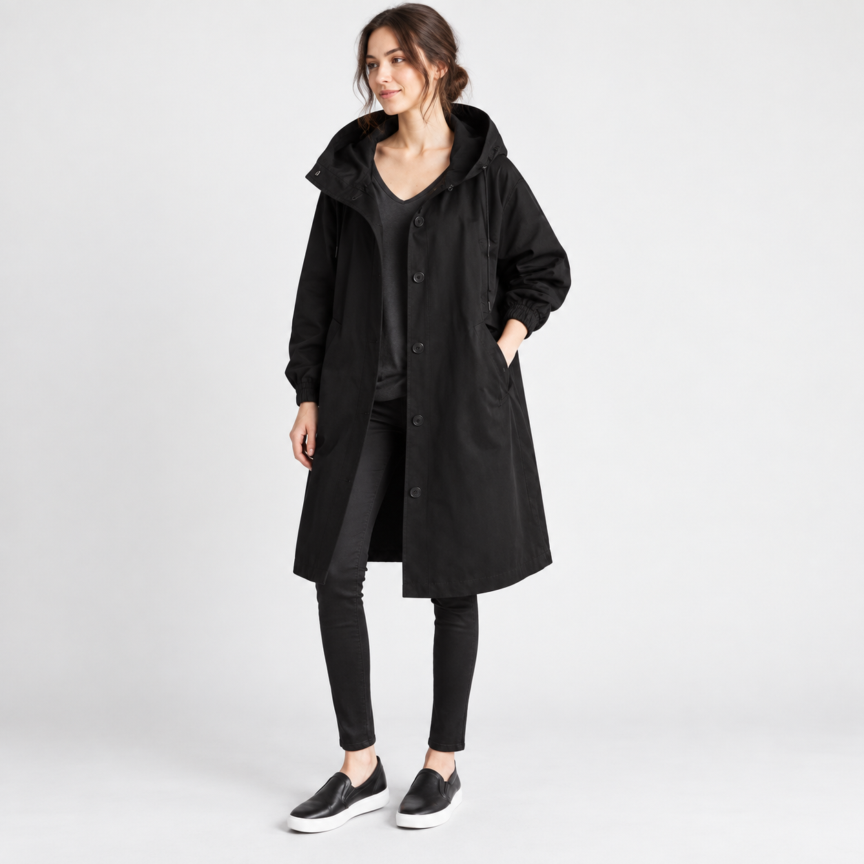 Women's Hooded Button-Waist Trench Coat - Black