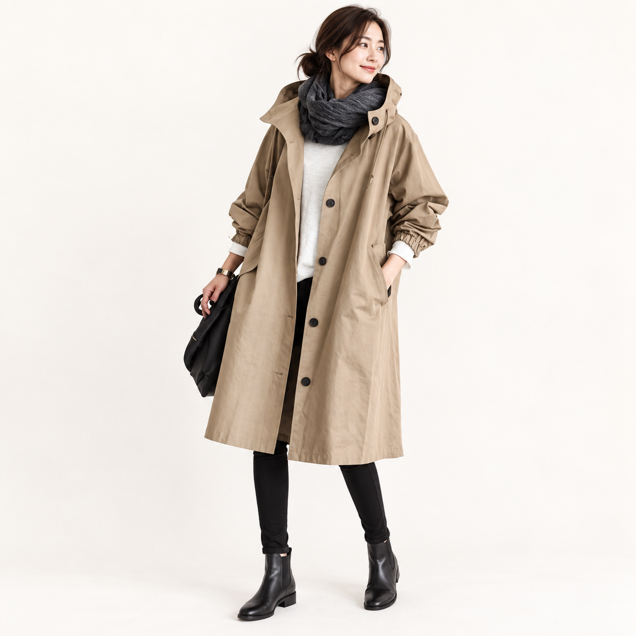 Women's Hooded Button-Waist Trench Coat - Khaki
