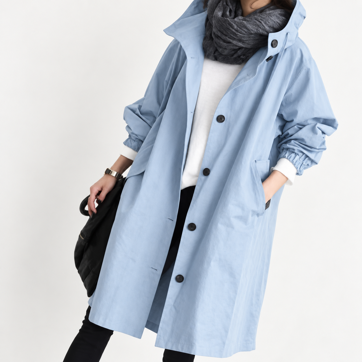 Women's Hooded Button-Waist Trench Coat - Light Blue