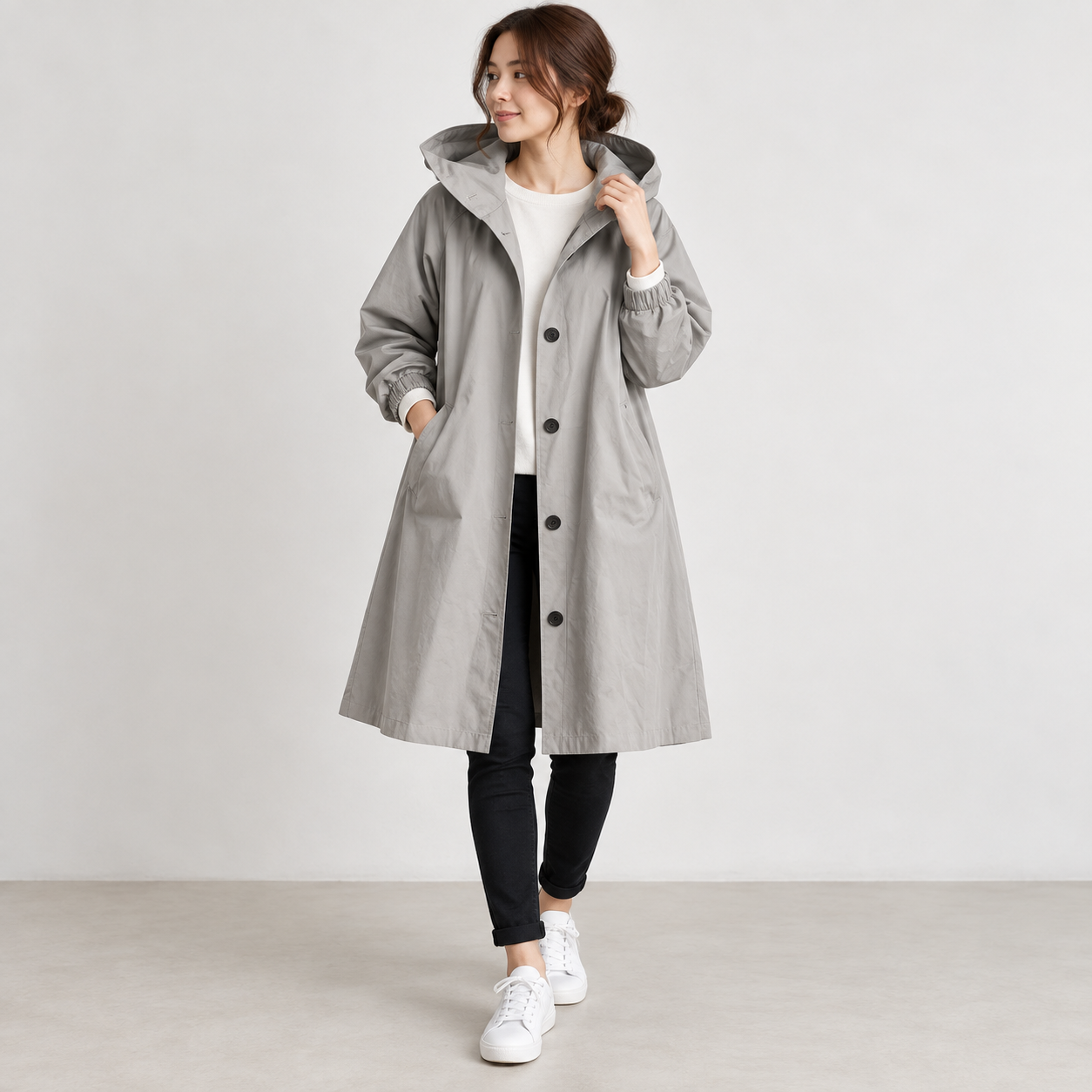 Women's Hooded Button-Waist Trench Coat - Light Gray