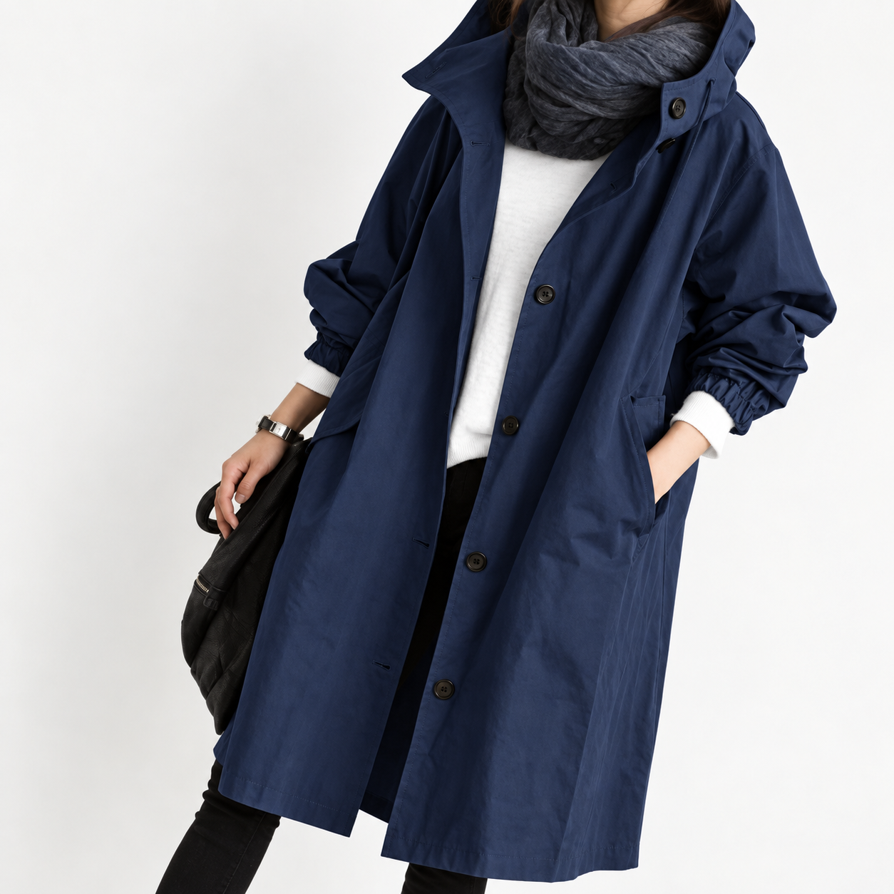 Women's Hooded Button-Waist Trench Coat - Navy