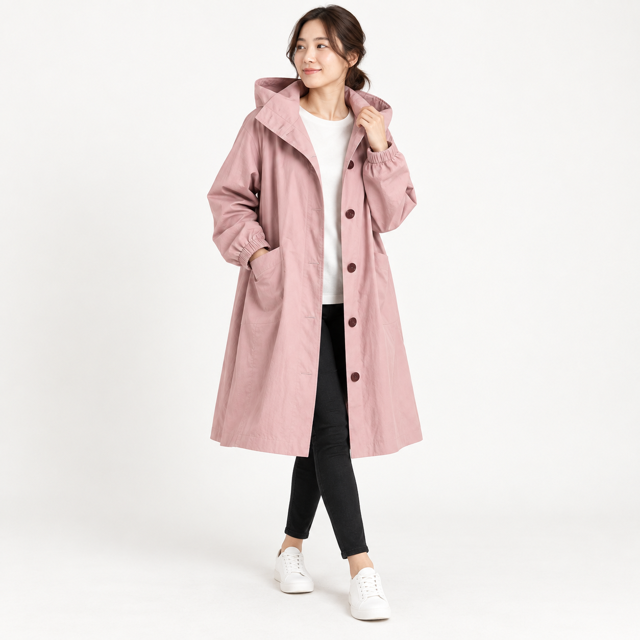 Women's Hooded Button-Waist Trench Coat - Pink