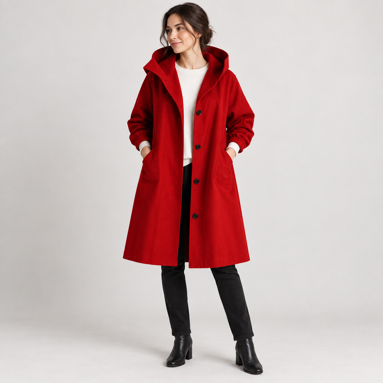 Women's Hooded Button-Waist Trench Coat - Red