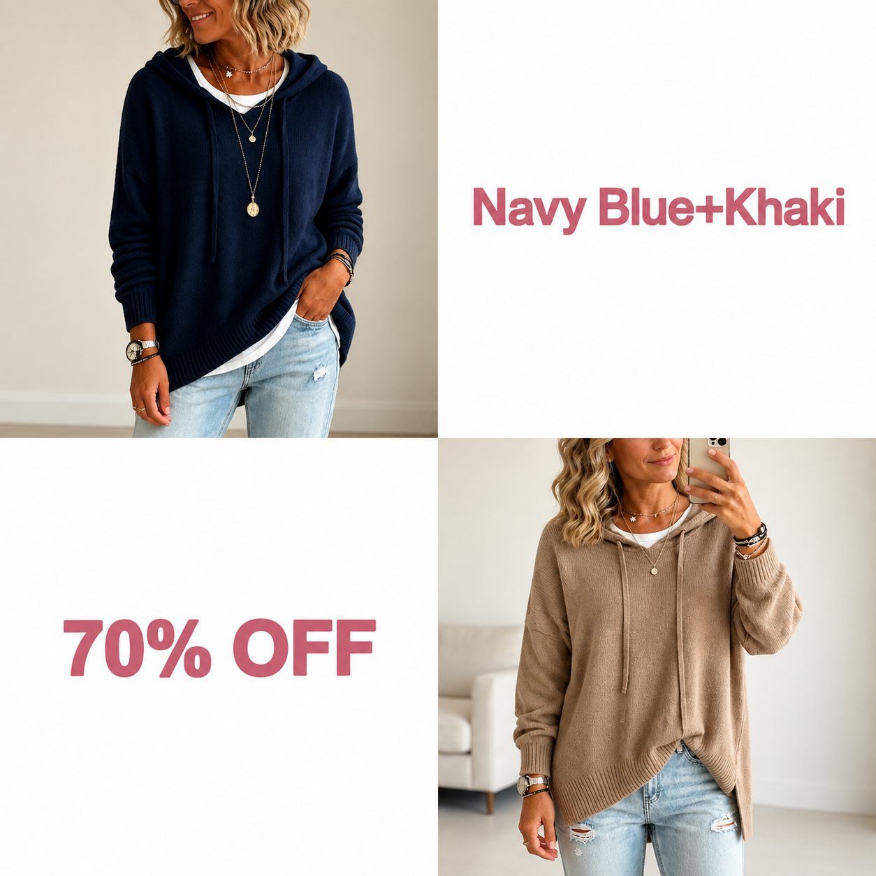 📢📢 50% OFF!!  Wearbella – Oversized Drawstring Hooded Knit Sweater - Navy Blue + Khaki bundle