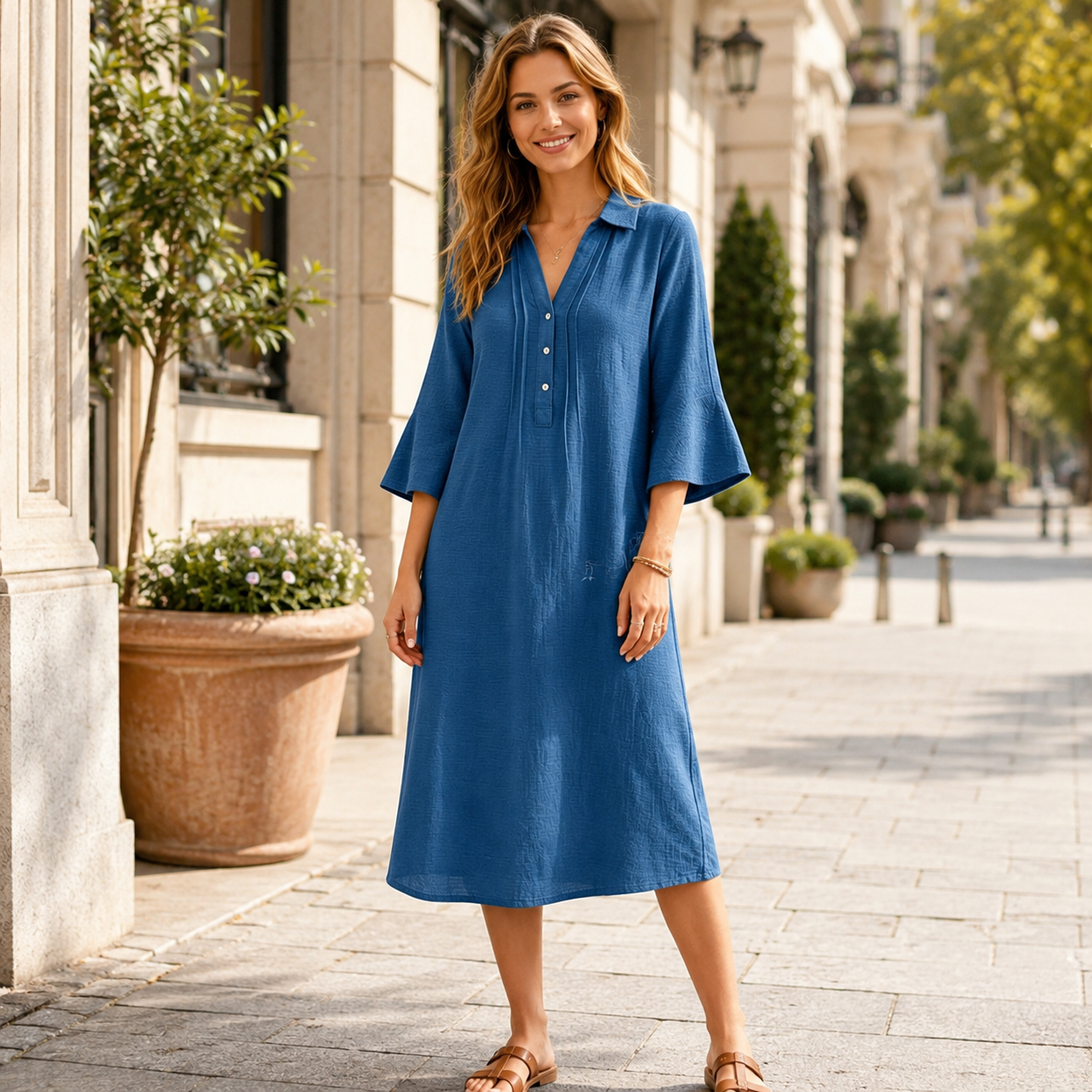 🌿 Luftig, bequem & stilvoll – Locker fallendes Hemdblusenkleid mit Taschen, Dreiviertelärmeln und femininer A-Linie ✨