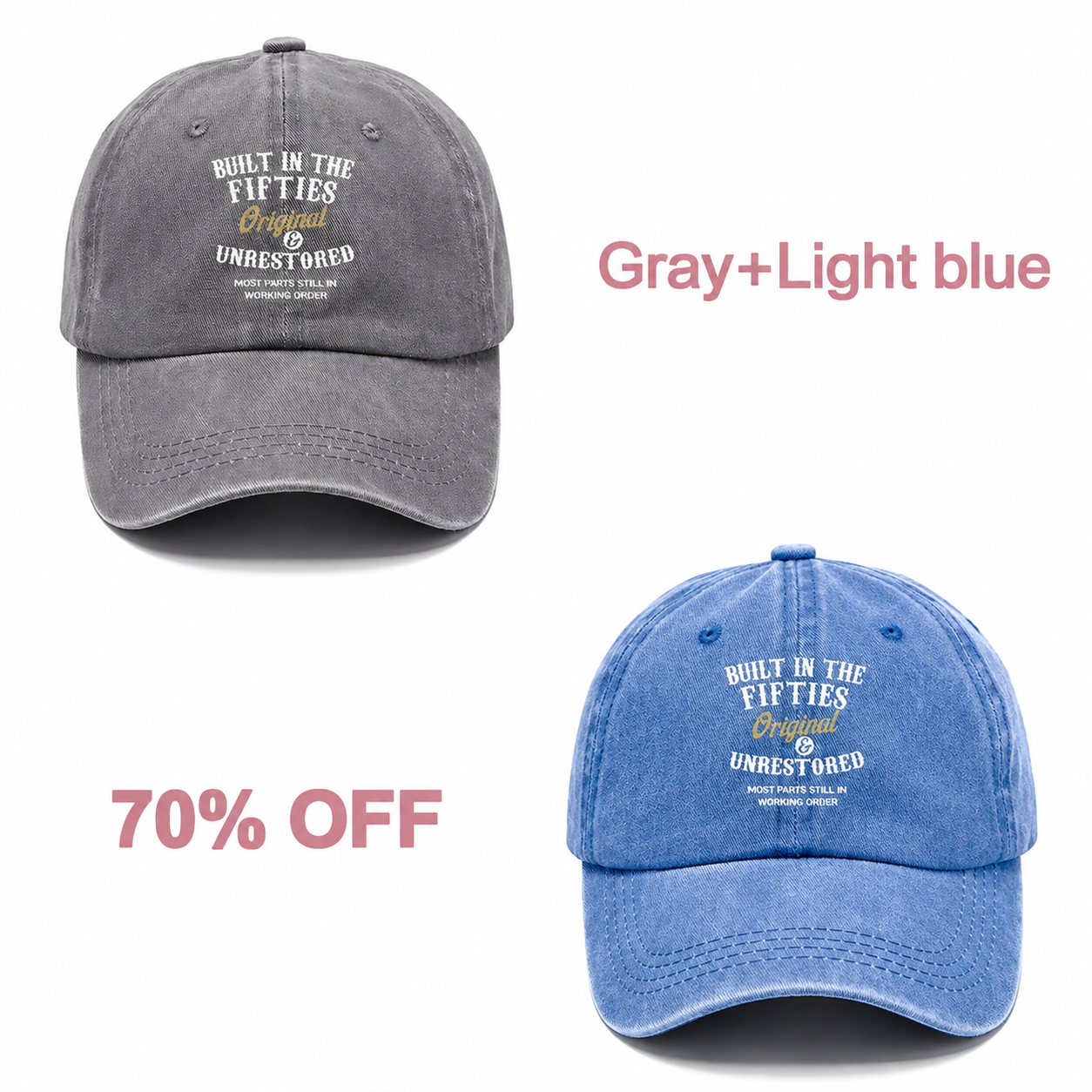 📢📢 70% OFF!! 🧢Vintage-Style Baseball Cap  Multiple Decades to Choose From - Gray + Light blue bundle