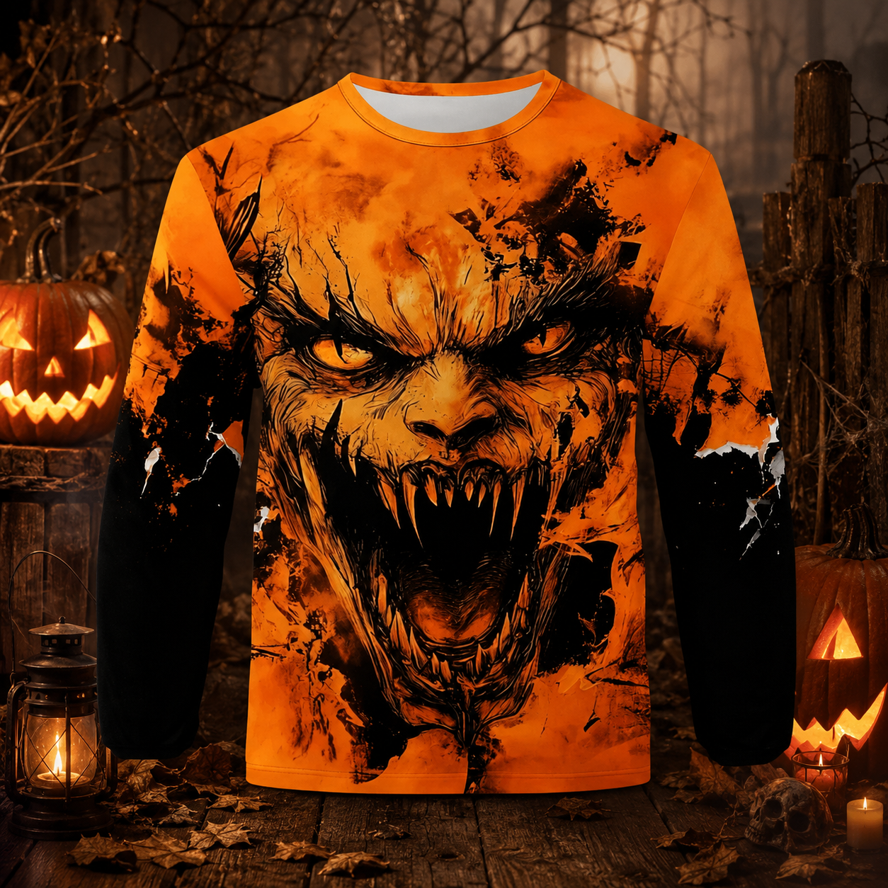🎃 Men’s Halloween Horror Graphic Long Sleeve Shirt – Spooky Pumpkin & Monster Print 👻