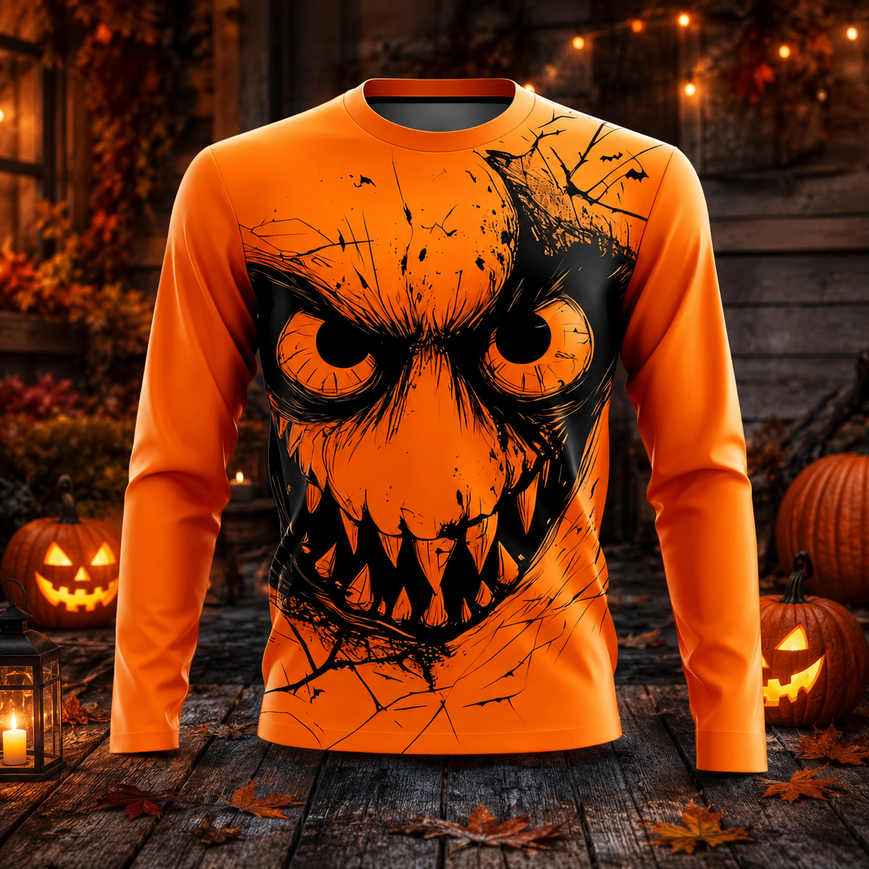 🎃 Men’s Halloween Horror Graphic Long Sleeve Shirt – Spooky Pumpkin & Monster Print 👻