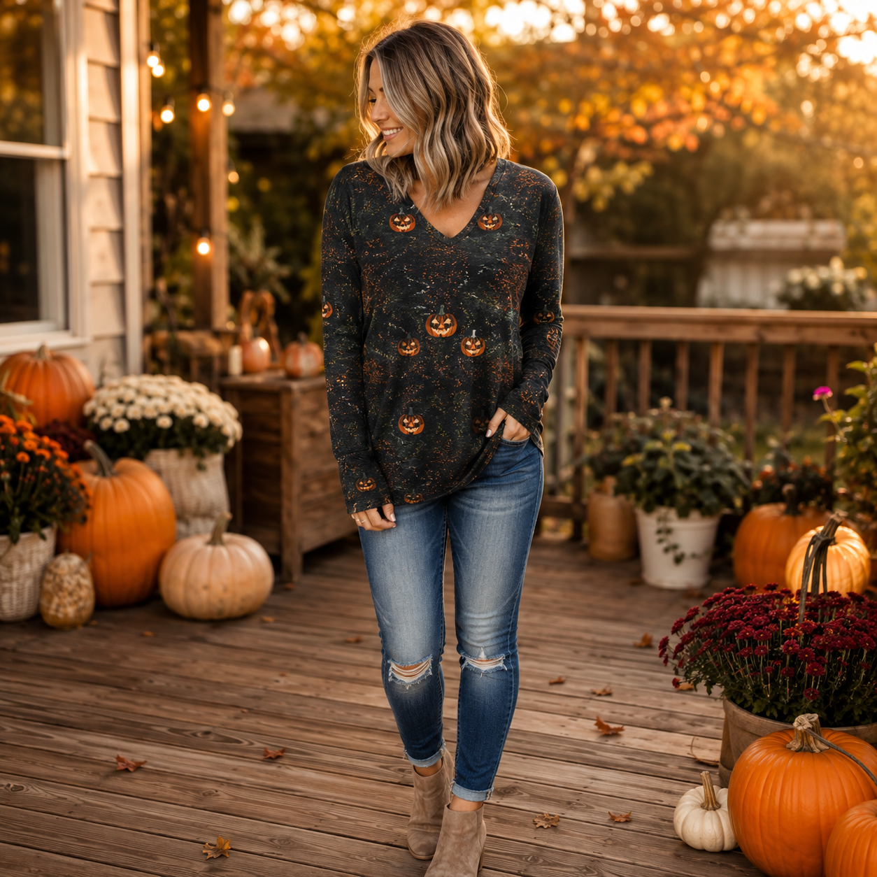 🎃 Spooky Sweet Halloween V-Neck Top – Festive Long Sleeve Style for Fall 👻🍬