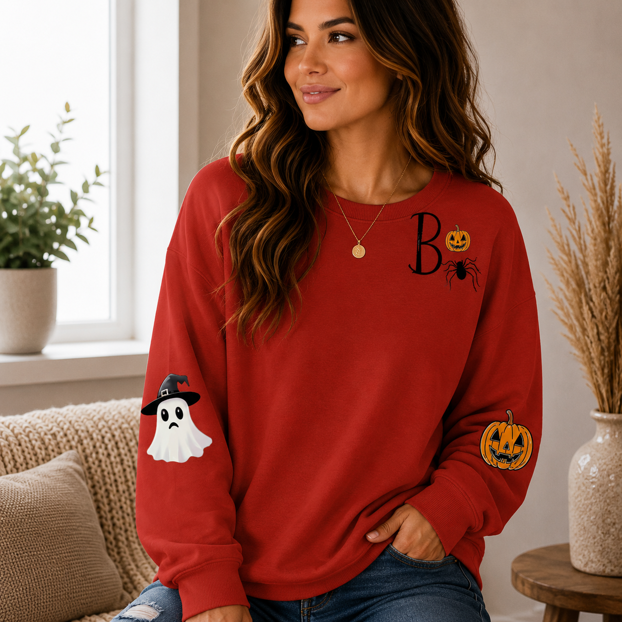 👻 Women’s Cute Ghost Halloween Sweatshirt – Cozy Long Sleeve Pullover, Spooky Fall Casual Top