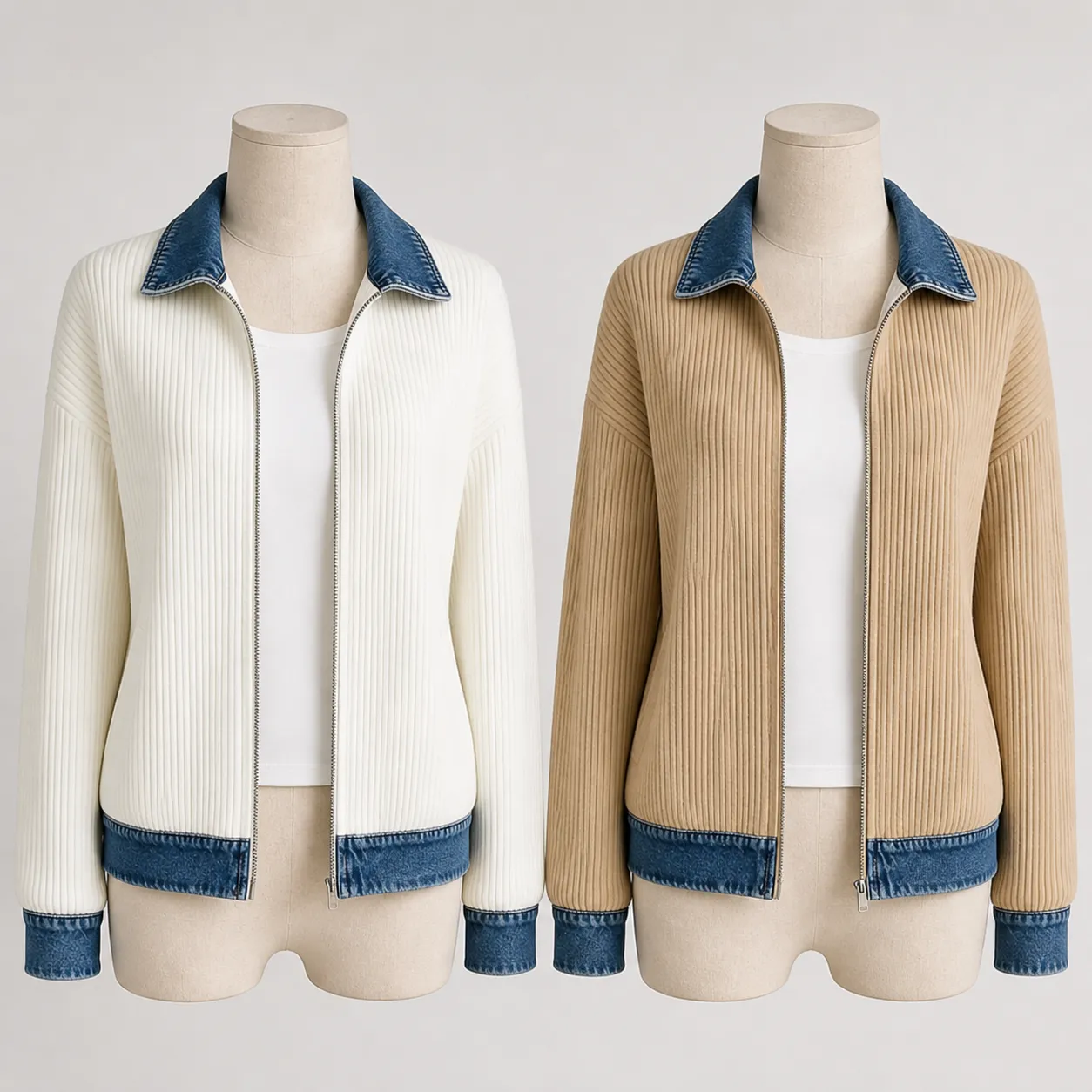 🎁🎁🎁New Arrivals 🔥Contrast Denim Collar Ribbed Knit Jacket