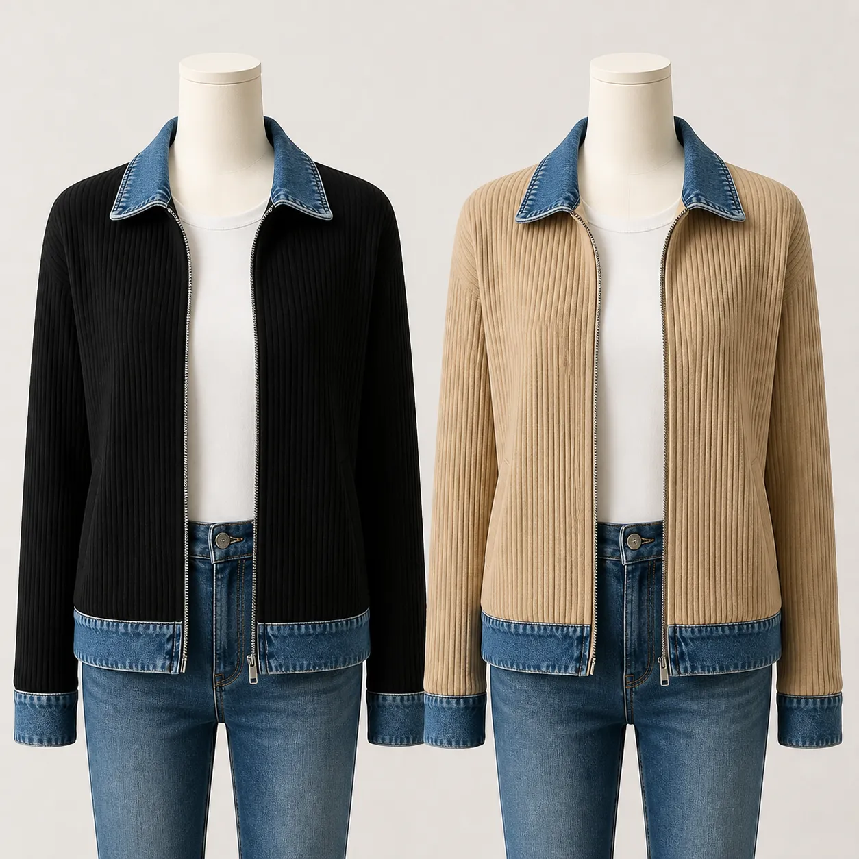🎁🎁🎁New Arrivals 🔥Contrast Denim Collar Ribbed Knit Jacket