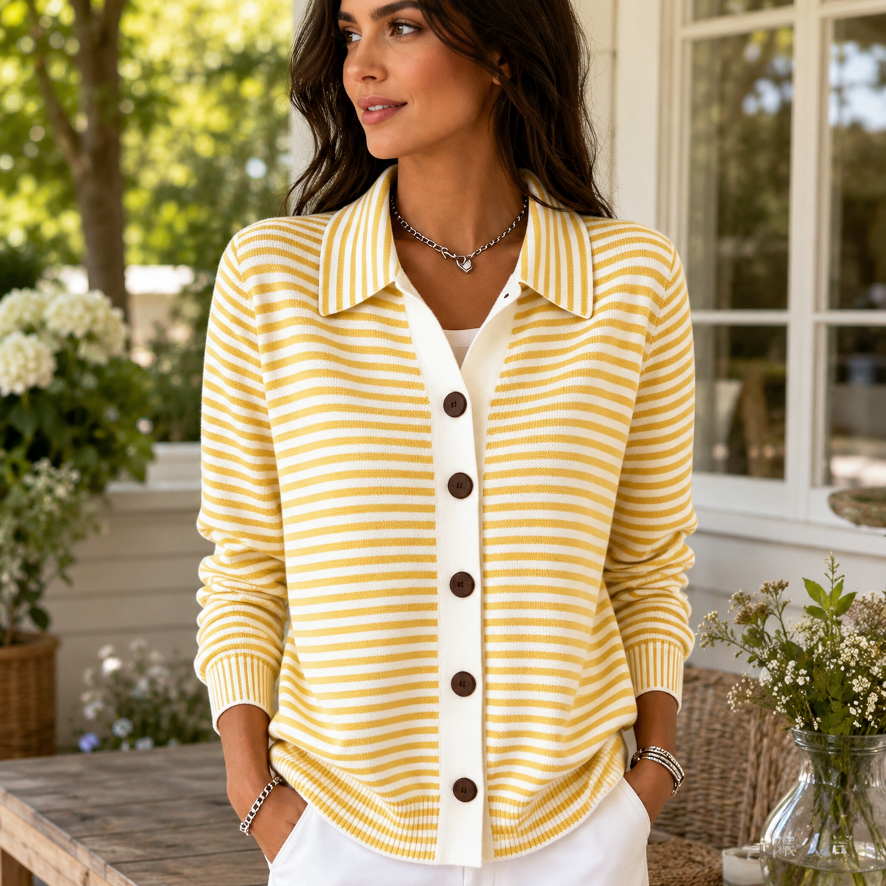 ✨ Women’s Classic Striped Button Cardigan – Soft Knit Relaxed Fit Everyday Layering Sweater