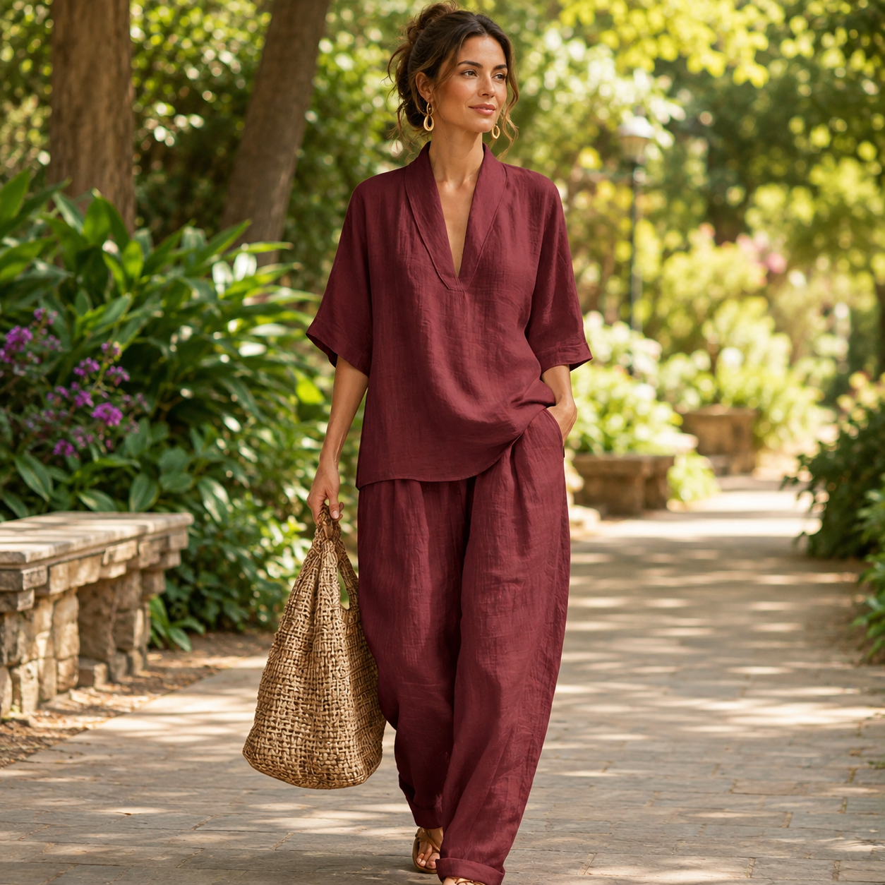 🌿 Women’s Relaxed V-Neck Linen-Blend 2-Piece Set – Breezy Wide-Leg Pants Outfit ✨