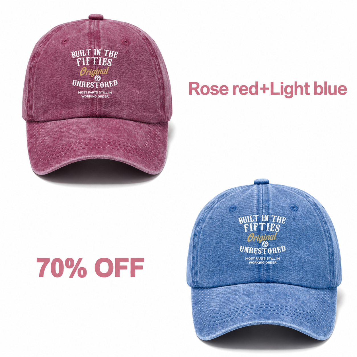 📢📢 70% OFF!! 🧢Vintage-Style Baseball Cap  Multiple Decades to Choose From - Rose red + Light blue bundle