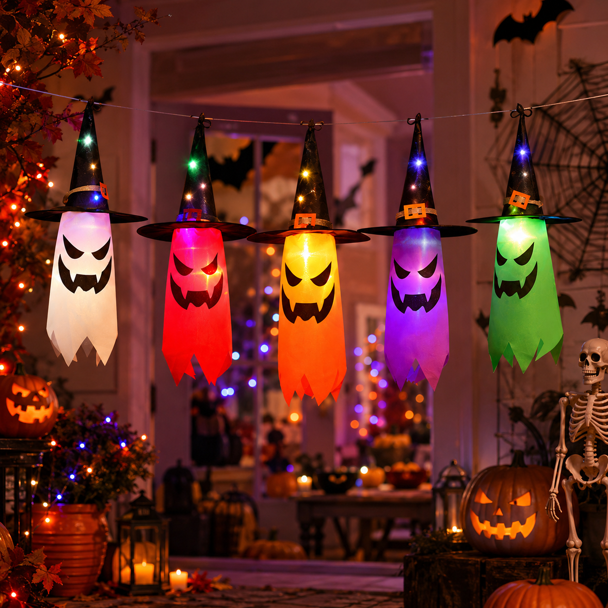 🎃 Halloween Light-Up Ghost Garland & Spooky Ornaments 👻✨ Cozy Indoor & Outdoor Decor
