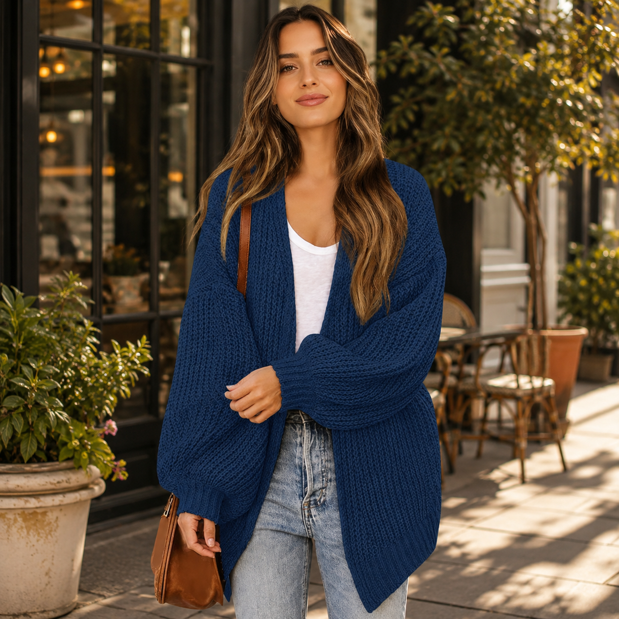 ✨ Cozy-Chic Chunky Knit Open-Front Cardigan – Relaxed Balloon-Sleeve Layer for Everyday Comfort