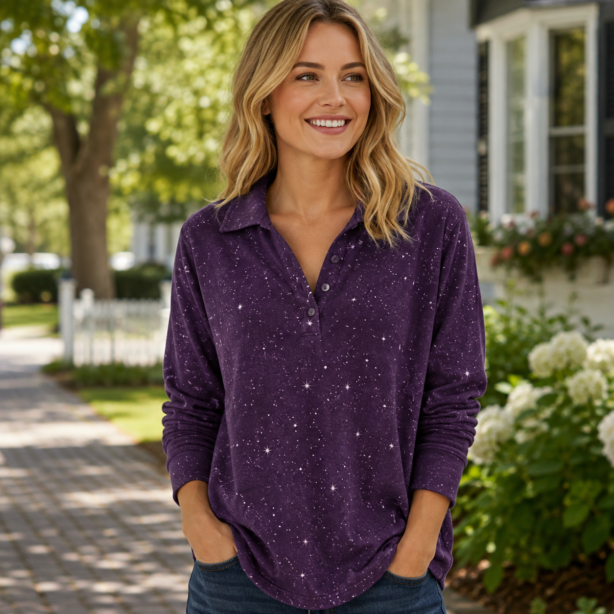 **Women’s Starry Print Collared Long Sleeve Casual Top – Relaxed Fit Everyday Shirt**